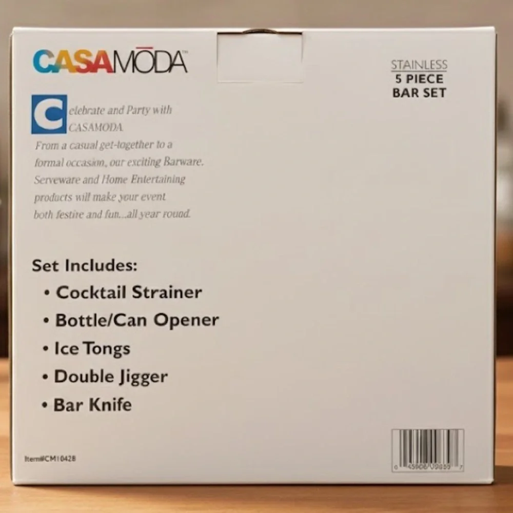 CASA MODA Stainless 5pc Bar Set Jigger Strainer Knife Opener Tongs NIB